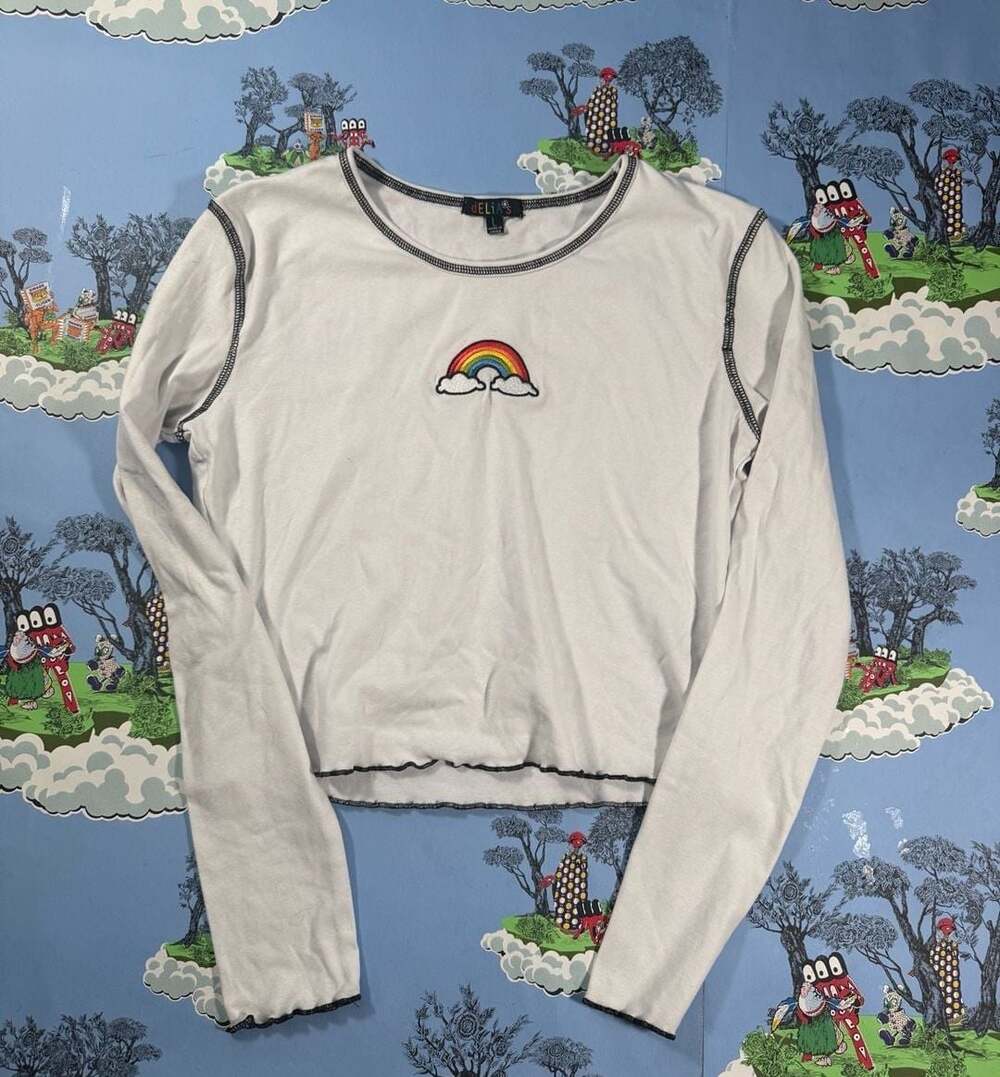 dELiA*s White Long Sleeve Rainbow Cloud Embroidered Lettuce Trim Crop Top